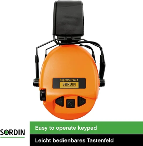 Vista 4 de Sordin Supreme Pro-X Slim Active Ear Defenders - Compatible con ARC Rail - Banda de cuero y kits de espuma - Orejeras naranjas