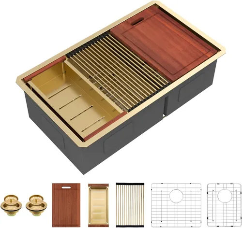 Vista 28 de Sarlai Fregadero de Cocina Dorado Bajo Encimera de 33 Pulgadas Doble Tazón 33 x 19 Pulgadas Bajo Dividido Dorado Estación de Trabajo Fregadero Doble