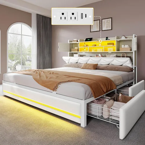 Vista 11 de DWVO Marco de cama tamaño Queen con luces LED RGB y cabecera de estantería Negro