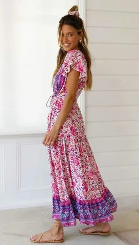 Vista 5 de R.Vivimos - Vestido de verano holgado para mujer, tela de algodón, estampado floral, manga corta
