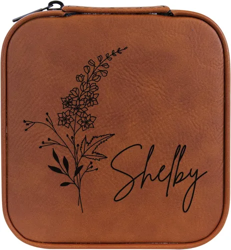 Vista 108 de Joyero de flores de nacimiento personalizado Estuche de viaje (cuero crudo, abril - guisante dulce)