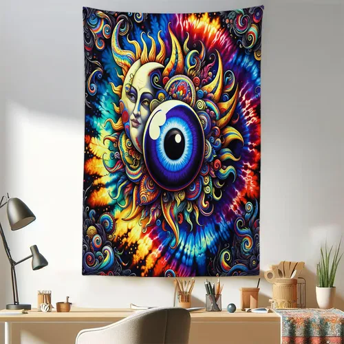 Vista 64 de Ambesonne Tapiz de hongos, atmósfera psicodélica, escena astral estrellada con motivos orientales trippy, decoración de tela para colgar en la pared