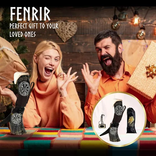 Vista 6 de FENRIR Cuerno vikingo para beber con soporte 16 oz – Regalos para hombres, papá, esposo – Taza natural de cuerno de buey con abrebotellas de Thor