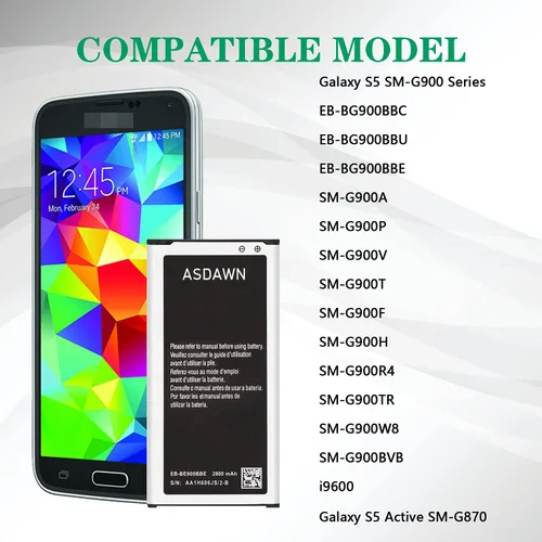 Vista 3 de ASDAWN Para Samsung Galaxy S5 Batería Reemplazo SM-G900 G900A/P/V/T/F/H/R4/TR/W8/BVB EB-BG900BBC EB-BG900BBU EB-BG900BBE, i9600, Batería para Galaxy