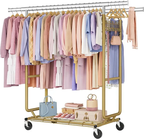 Vista 13 de Hoctieon Perchero de doble varilla de montaje en 2 minutos, estante resistente para ropa con ruedas, plegable para uso comercial, barra extensible