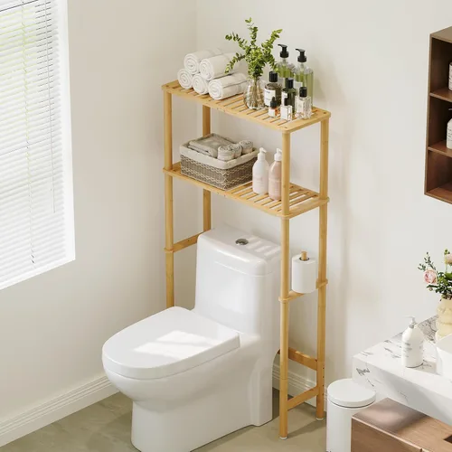 Vista 14 de Almacenamiento sobre el inodoro, estante de baño de bambú de 3 niveles con Natural