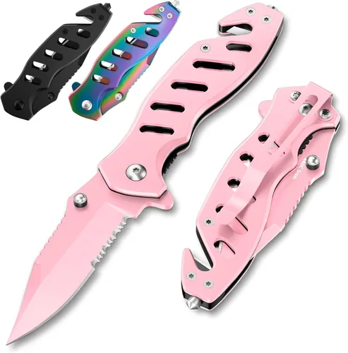 Vista 11 de Cuchillo táctico legal para hombres y mujeres - Hoja serrada de 2.68 pulgadas - Pequeños cuchillos de bolsillo negros con rompecristales y cortador