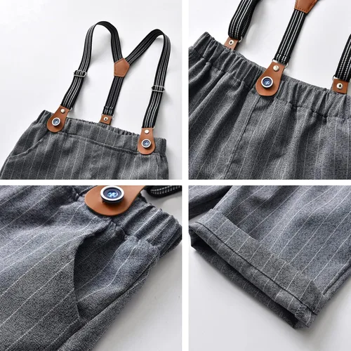 Vista 4 de Conjunto de traje de caballero de manga corta para bebé niño con corbatín + pantalones cortos con tirantes y pantalones cortos para bautizo festivo