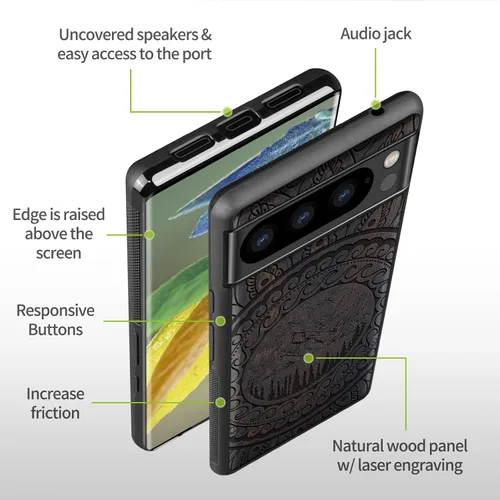 Vista 6 de Carveit Funda de madera para Pixel 8 Pro [madera natural y TPU suave negro] a prueba de golpes, funda de madera única compatible con Google Pixel 8