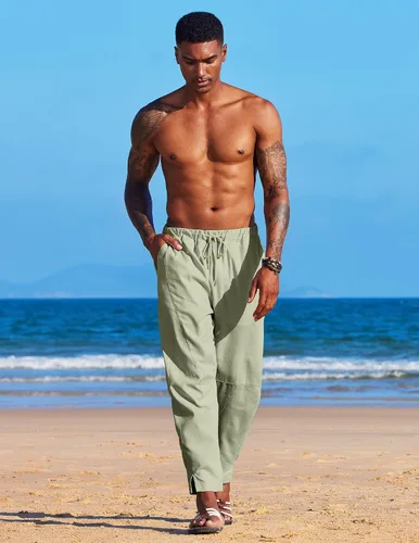 Vista 2 de COOFANDY Pantalones harén de lino con cordón para hombre, cintura elástica, ligeros, pantalones hippie, verano, playa, yoga