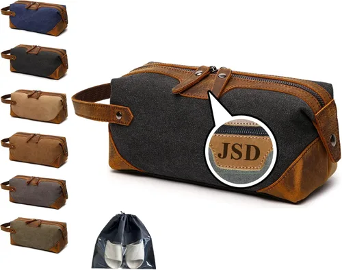 Vista 13 de Neceser personalizado para hombres, kit de aseo personalizado de lona para afeitar, bolsa de aseo grabada con láser, kit de lona de cuero