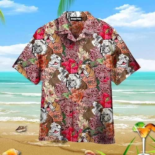 Vista 3 de Camisa hawaiana de Bulldog inglés para hombres y mujeres, patrón de edredón de camisa hawaiana, salida de camisa hawaiana, patrón de edredón
