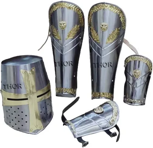 Vista 2 de Medieval Crusader - Casco de caballero templario de Halloween con protectores de brazos y protectores de piernas conjunto de decoraciones