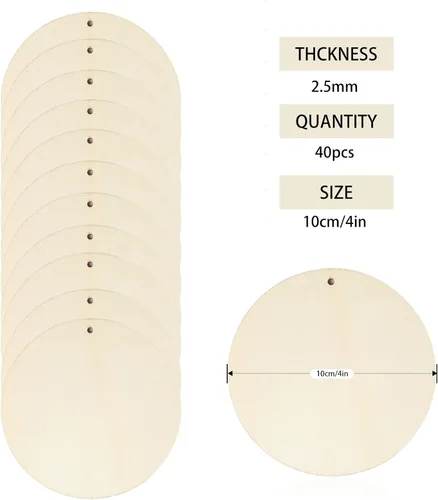 Vista 2 de Discos redondos de madera con agujeros, 40 unidades de círculos de madera preperforados sin terminar de 3.94 pulgadas, adornos de madera