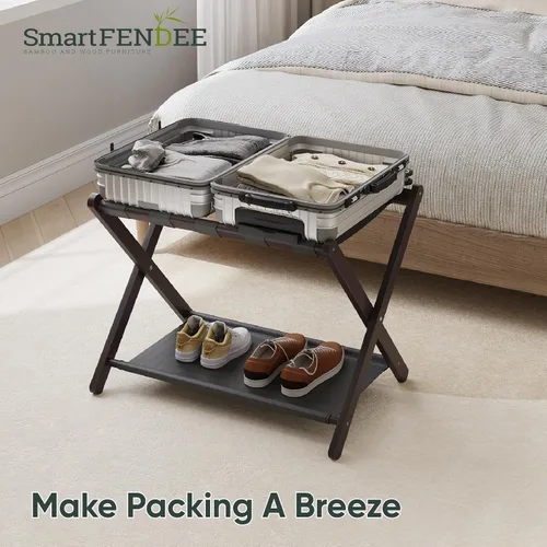 Vista 6 de Smart FENDEE Portaequipajes, portaequipajes plegable para habitación de invitados, soporte de maleta de bambú marrón con capacidad para hasta 131