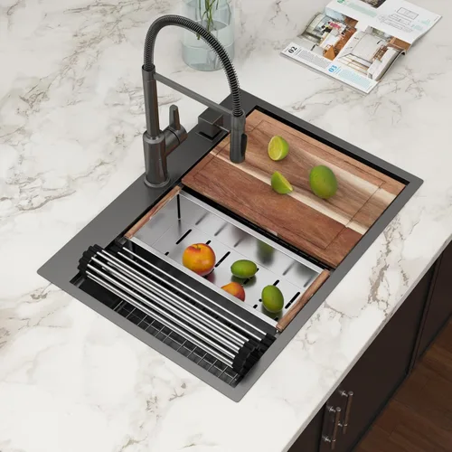 Vista 19 de Fregadero de cocina de 25 pulgadas, fregadero de un solo cuenco, color negro mate, calibre 18, 25 x 22 pulgadas, acero inoxidable, montaje superior