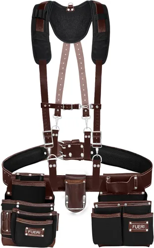 Vista 12 de Cinturón de herramientas de cuero chocolate para hombres con funda de doble martillo, viene con bolsas de herramientas, cinturón no acolchado
