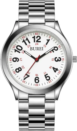 Vista 18 de BUREI Relojes para hombre de moda analógicos de acero inoxidable con movimiento de cuarzo impermeables, regalo para hombres.
