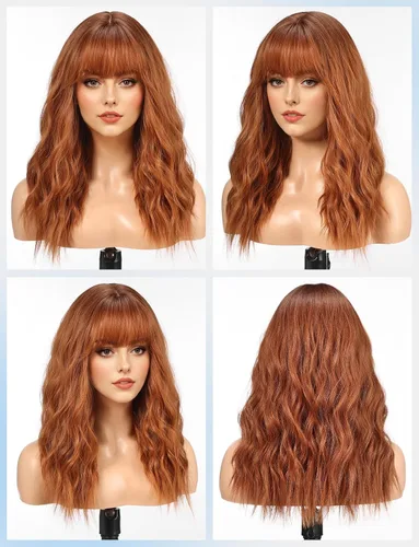 Vista 4 de HAIRCUBE Peluca larga con flequillo, pelucas sintéticas onduladas para mujer, color castaño rojizo