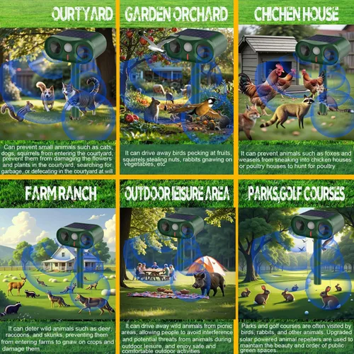 Vista 3 de Repelente de gatos para exteriores, para patio, jardín y granja, disuasorio ultrasónico de animales con sensibilidad ajustable, repelente solar