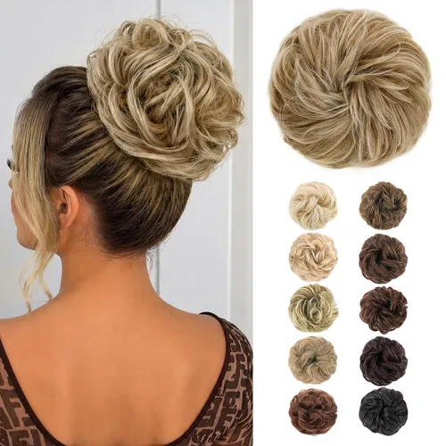 Vista 55 de MORICA Moño desordenado, extensiones de moño sintético para mujeres (rubio beige ceniza)