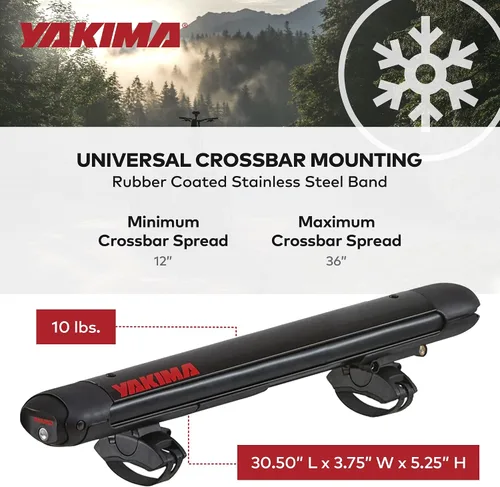 Vista 2 de Portaequipajes de techo Yakima para 4 pares de esquís o 2 tablas de snowboard, montaje universal para auto con bisagra expandible, FatCat EVO 4