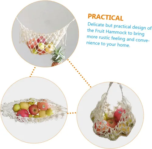 Vista 3 de Bolsa de red de almacenamiento de cocina, hamaca de frutas colgante, decoración de macramé, cesta de frutas de macramé, organizador