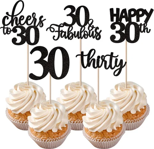 Vista 43 de Rsstarxi Paquete de 30 adornos para cupcakes de 6º cumpleaños con purpurina negra de seis Hello 6 para cupcakes Cheers to 6 años de edad