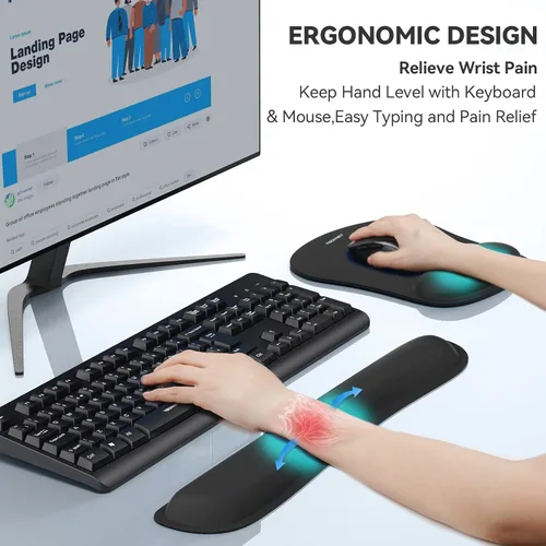 Vista 2 de Juego de reposamuñecas para teclado y alfombrilla para mouse con soporte de muñeca, espuma viscoelástica ergonómica para aliviar el dolor