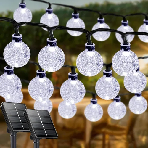 Vista 10 de LORRYTE Tira de luces solares para exteriores, 50 luces LED de 32 pies, impermeables, con energía solar, luces de globo de cristal para exteriores