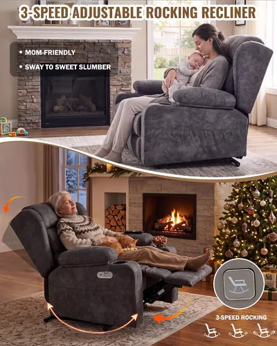Vista 4 de Silla reclinable Power Rocker de gran tamaño, sofá reclinable eléctrico de Gris