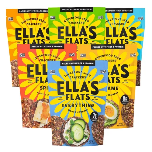Vista 10 de ELLA'S FLATS® Patatas fritas saladas de todas las semillas, sin gluten, sin azúcar, chip de alto contenido de fibra, aperitivo bajo