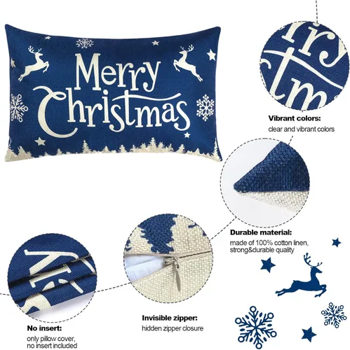 Vista 3 de 2 fundas de almohada navideñas de 20 x 12 pulgadas, fundas de almohada de lino con texto en inglés "Merry Christmas and Let It Snow", fundas