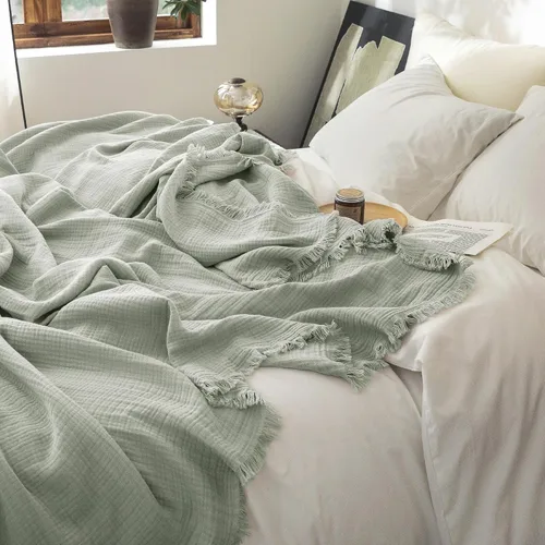 Vista 87 de FOSSA Manta de Muselina con Flecos - Gasa de Algodón 100% de 4 Capas Súper Suave y Transpirable - Manta Decorativa Ligera y Refrescante para Cama