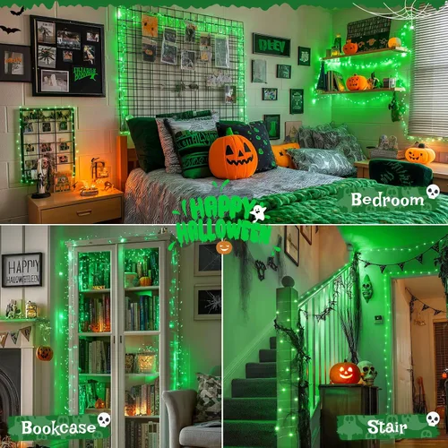 Vista 4 de JMEXSUSS Paquete de 2 Luces de Hadas Verdes a Batería, Total 200 LED 66 pies Luces de Cadena Parpadeantes con Control Remoto, 8 Modos de Luces