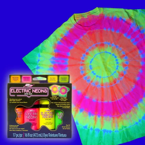 Vista 4 de Tulip Kit de teñido anudado de neones eléctricos, actividad de fiesta, tinte de tela reactiva a la luz negra, verde premezclado, amarillo, naranja