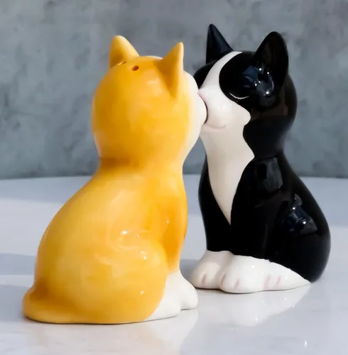 Vista 7 de Ebros Gift Juego de salero y pimentero de cerámica negro y amarillo besando gatitos felinos gatos salero y pimentero figuras de San Valentín Gato