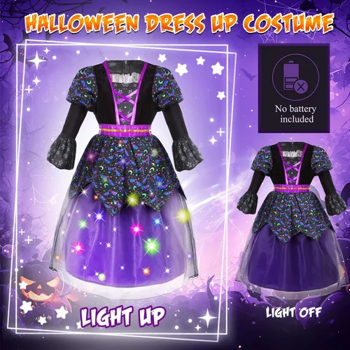 Vista 3 de VGOFUN Disfraz de bruja para niñas, disfraces de Halloween iluminados