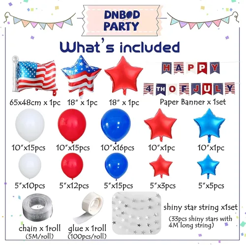 Vista 3 de Kit de arco de guirnalda de globos del 4 de julio, 100 globos azul marino, rojo y blanco con pancarta de papel para suministros de fiesta patriótica