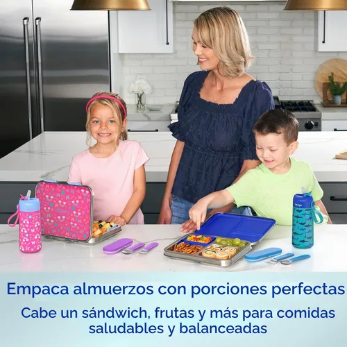 Vista 5 de Bentgo Kids Prints - Lonchera de acero inoxidable con 3 compartimentos Tiburón