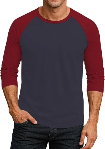 Vista 21 de Camiseta de béisbol raglán para hombre, manga larga, cuello redondo, tela ligera que absorbe la humedad para uso casual
