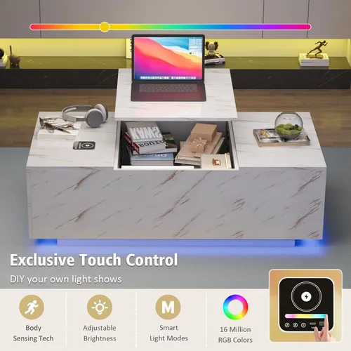 Vista 5 de Mesa de centro LED, mesas de centro elevables de 47.2 pulgadas con cajones y gran almacenamiento, mesa inteligente para sala de estar con carga