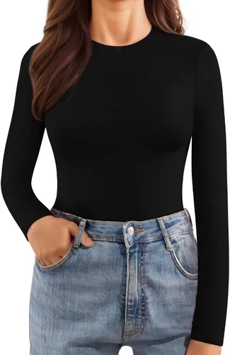 Vista 2 de MANGOPOP Bodysuits for Women Long Sleeve Body Suit Round Neck T Shirt Tops