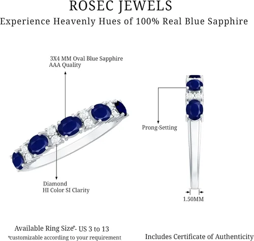Vista 6 de Natural Blue Sapphire Diamond Wedding Band, AAA Quality, Blue Sapphire East West Ring For Women - Ideal For Gift