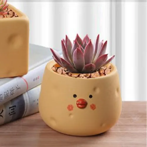Vista 4 de TOPINCN Maceta amarilla de cerámica para pollitos de dibujos animados, maceta para suculentas para interiores y exteriores, decoración del jardín