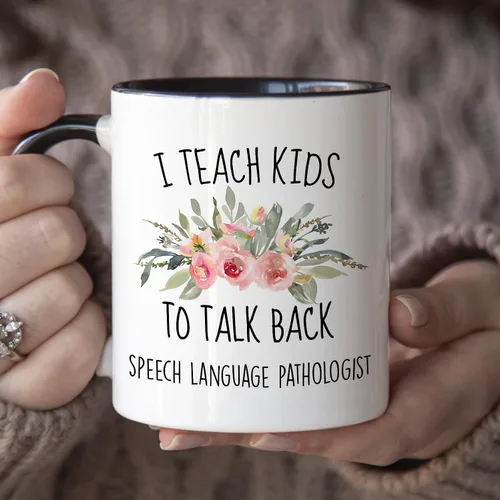 Vista 3 de YouNique Designs Taza SLP I Teach Kids to Talk Back, 11 onzas, taza de café con patología del habla y lenguaje, taza de patología del habla
