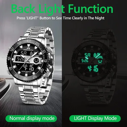 Vista 5 de MEGALITH Reloj digital impermeable de acero inoxidable con cara grande LED analógico multifuncional para deportes al aire libre, relojes de pulsera