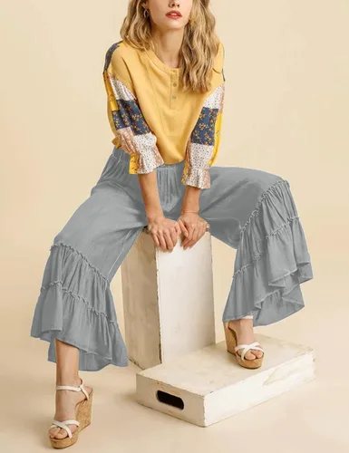 Vista 5 de Mundoven Pantalones de lino palazzo fluidos para mujer, elásticos, de cintura alta, pierna ancha, con volantes, holgados, pantalones de playa