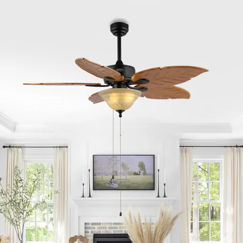 Vista 2 de JONATHAN Y Ventilador de techo LED de hoja de palmera bohemia costera marrón claro de 52 pulgadas, 3 aspas de madera rústica con cadena de tracción