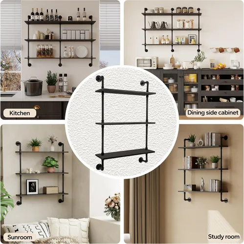 Vista 6 de Estante flotante de tubo industrial de 3 niveles, estante de almacenamiento rústico de madera de 24 pulgadas montado en la pared para cocina, Negro